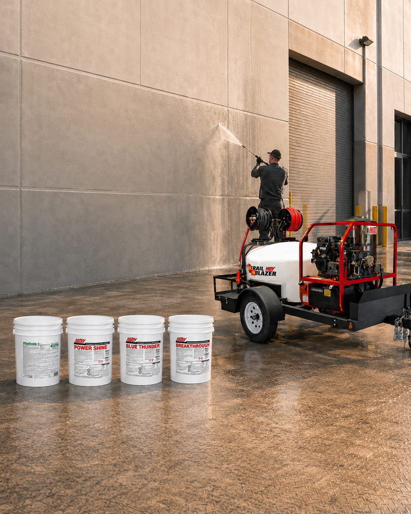 Hot Stuff Text with detergent buckets on left and pressure washer trailer on right with worker cleaning a building