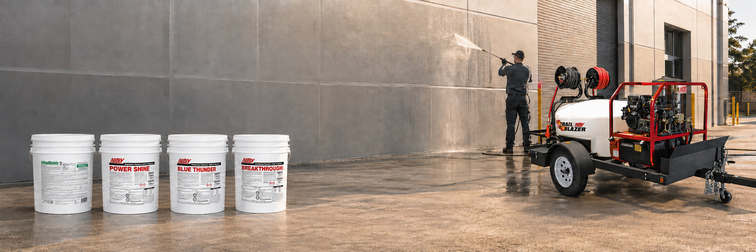 Hot Stuff Text with detergent buckets on left and pressure washer trailer on right with worker cleaning a building
